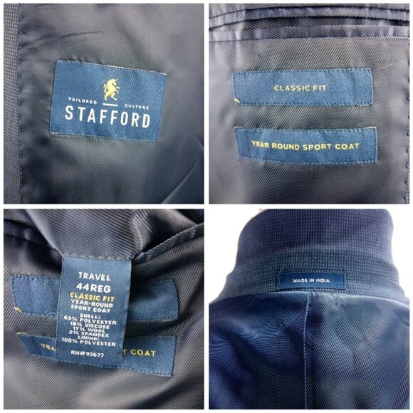 Stafford Tailored Culture Classic Fit 44R 2 Btn Blue Birdseye Blazer Spo… - Picture 9 of 10